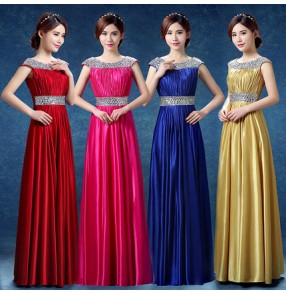 Gold royal blue fuchsia hot pink red satin women's ladies formal A line sequins  celebration occasion maxi bridal bride wedding evening party dresses 